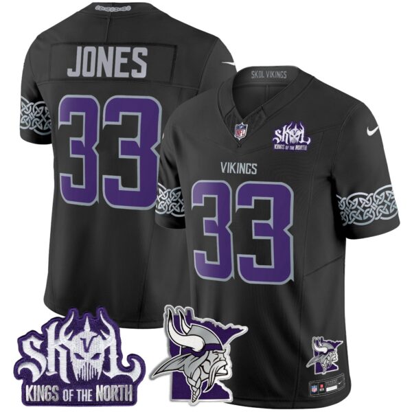 Minnesota Vikings 2024 Winter Warrior Skol Patch Vapor Limited Jersey V2 – All Stitched – Black – Aaron Jones Jersey