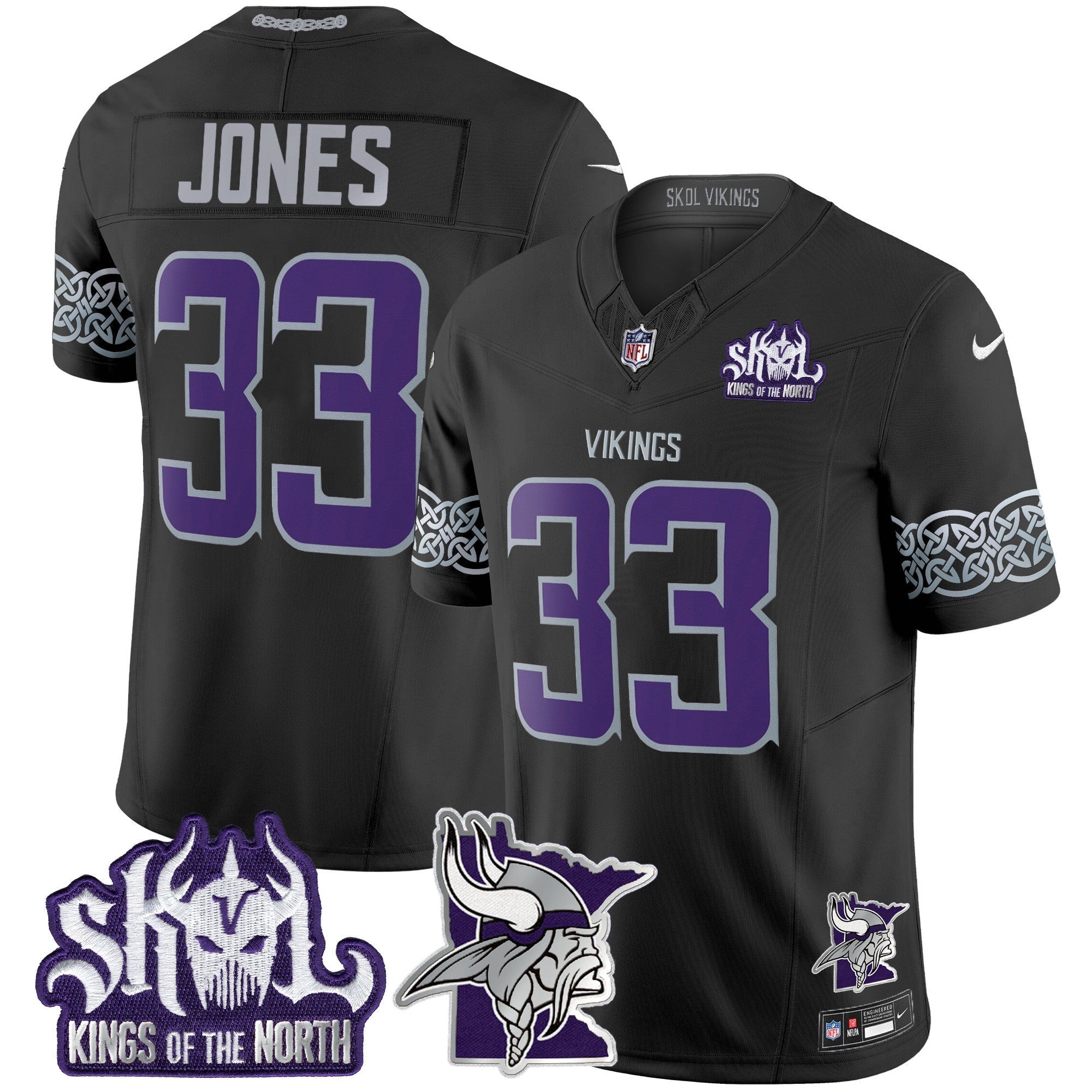 Minnesota Vikings 2024 Winter Warrior Skol Patch Vapor Limited Jersey V2 – All Stitched – Black – Aaron Jones Jersey