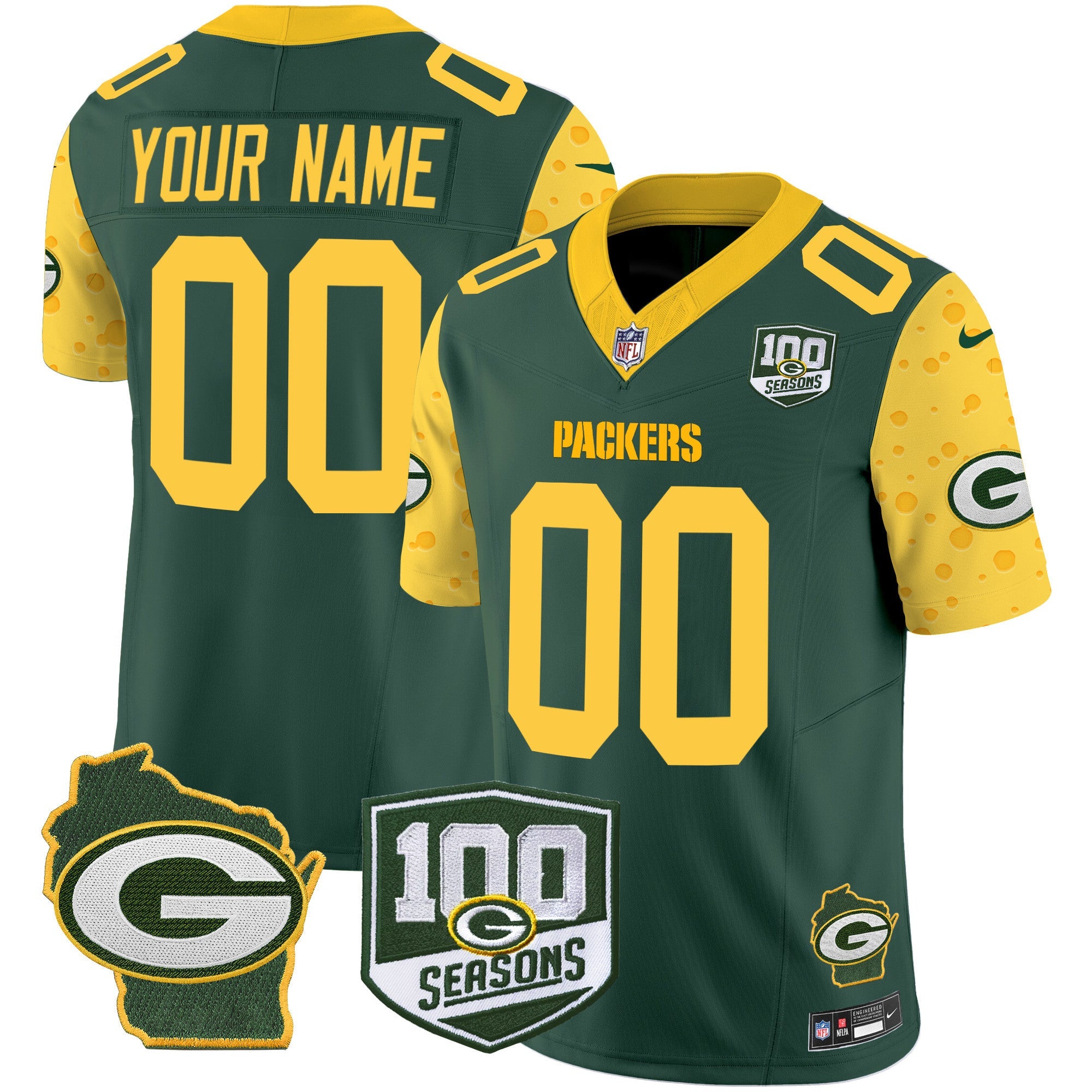 Packers 100th Season & Home Patch Cheese Vapor Limited Custom Jersey All Stitched – Green Jersey