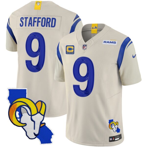 Rams California Patch Vapor Limited Jersey – All Stitched – Bone – Matthew Stafford Jersey