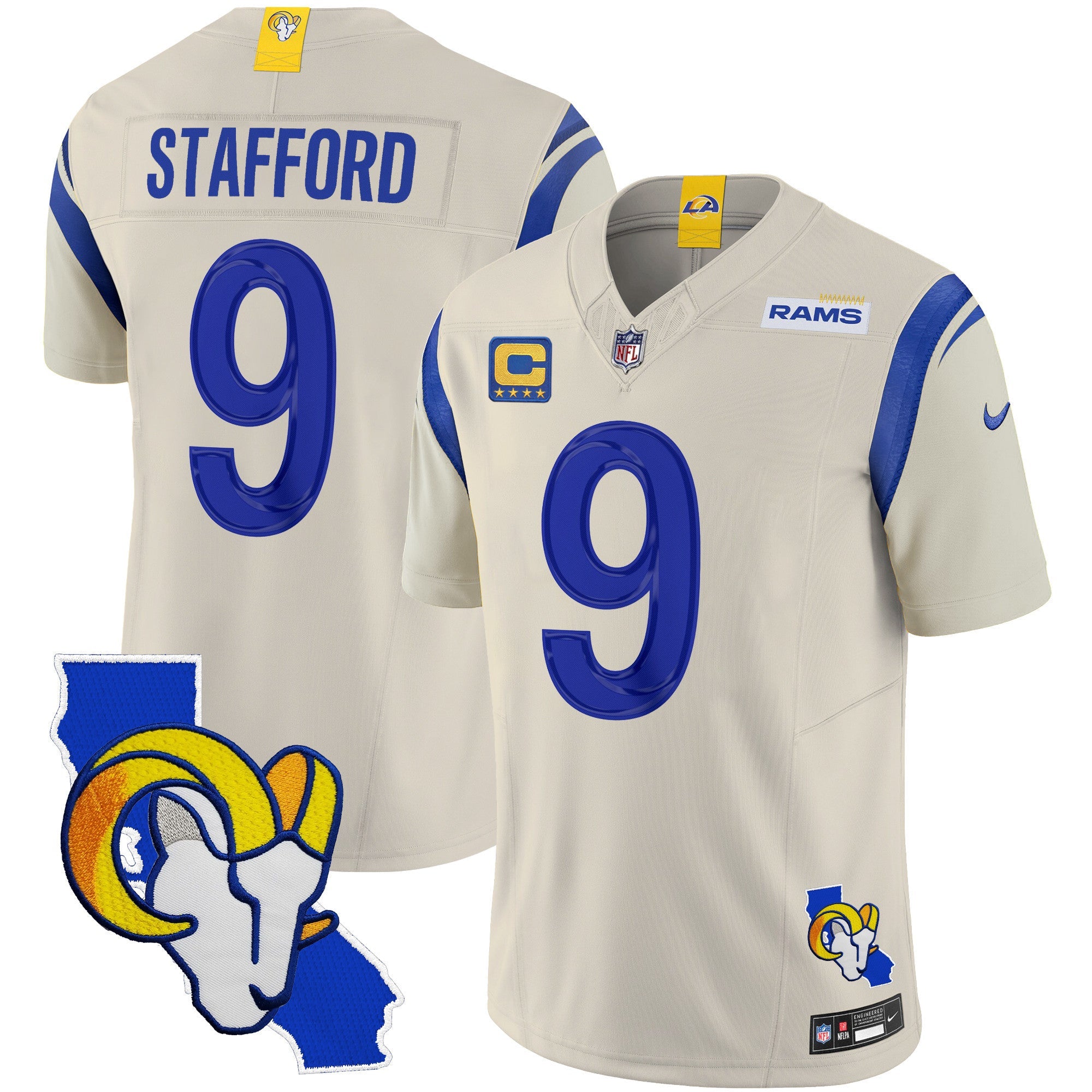 Rams California Patch Vapor Limited Jersey – All Stitched – Bone – Matthew Stafford Jersey
