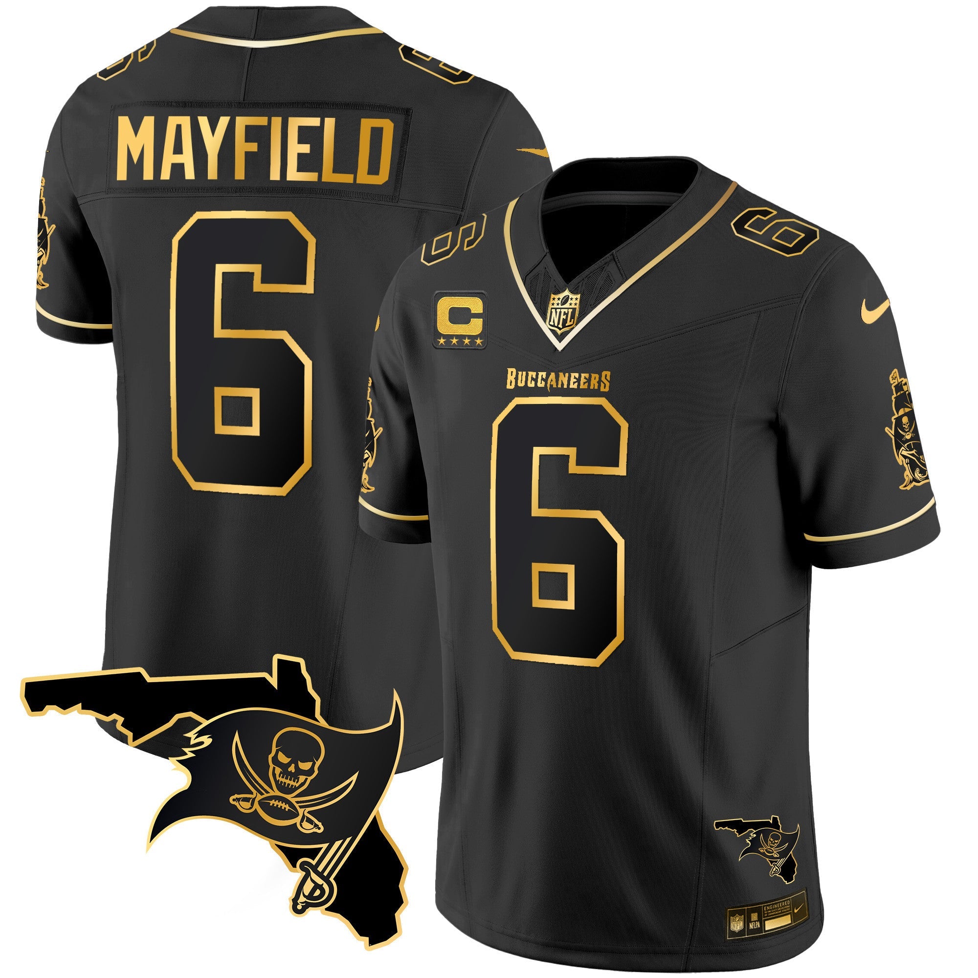 Buccaneers Florida Patch Vapor Gold Jersey – All Stitched – Black Gold – Baker Mayfield Jersey