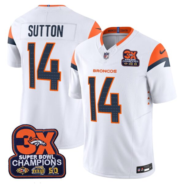 Denver Broncos 3-Time Champions Patch Vapor Limited Jersey – All Stitched – White – Courtland Sutton Jersey
