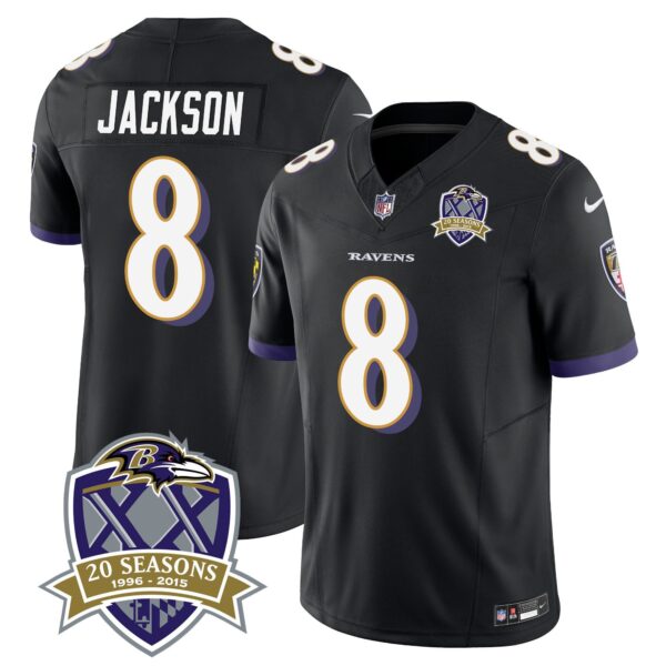 Ravens 20th Season Patch Vapor Limited Jersey – All Stitched – Black – Lamar Jackson Jersey