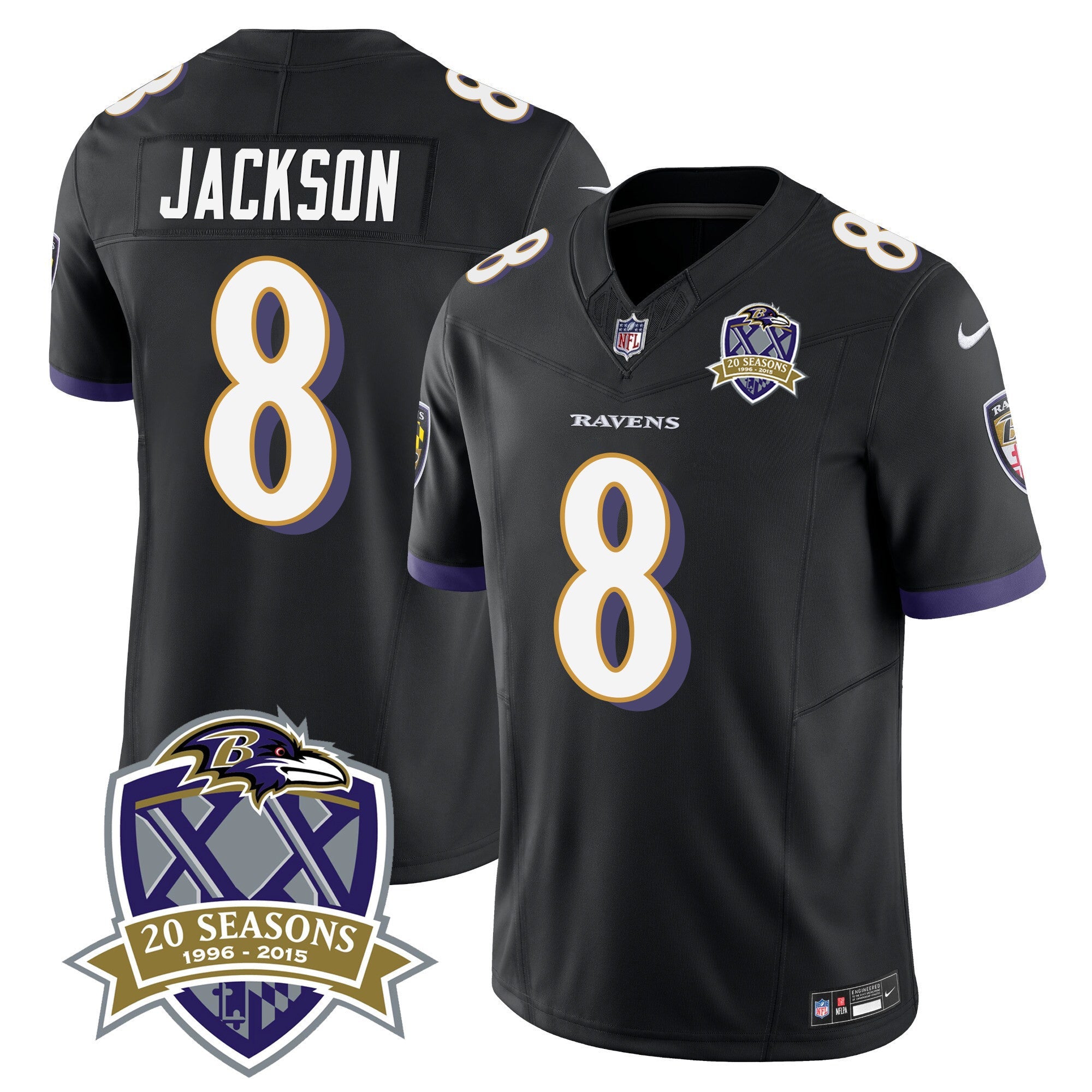 Ravens 20th Season Patch Vapor Limited Jersey – All Stitched – Black – Lamar Jackson Jersey