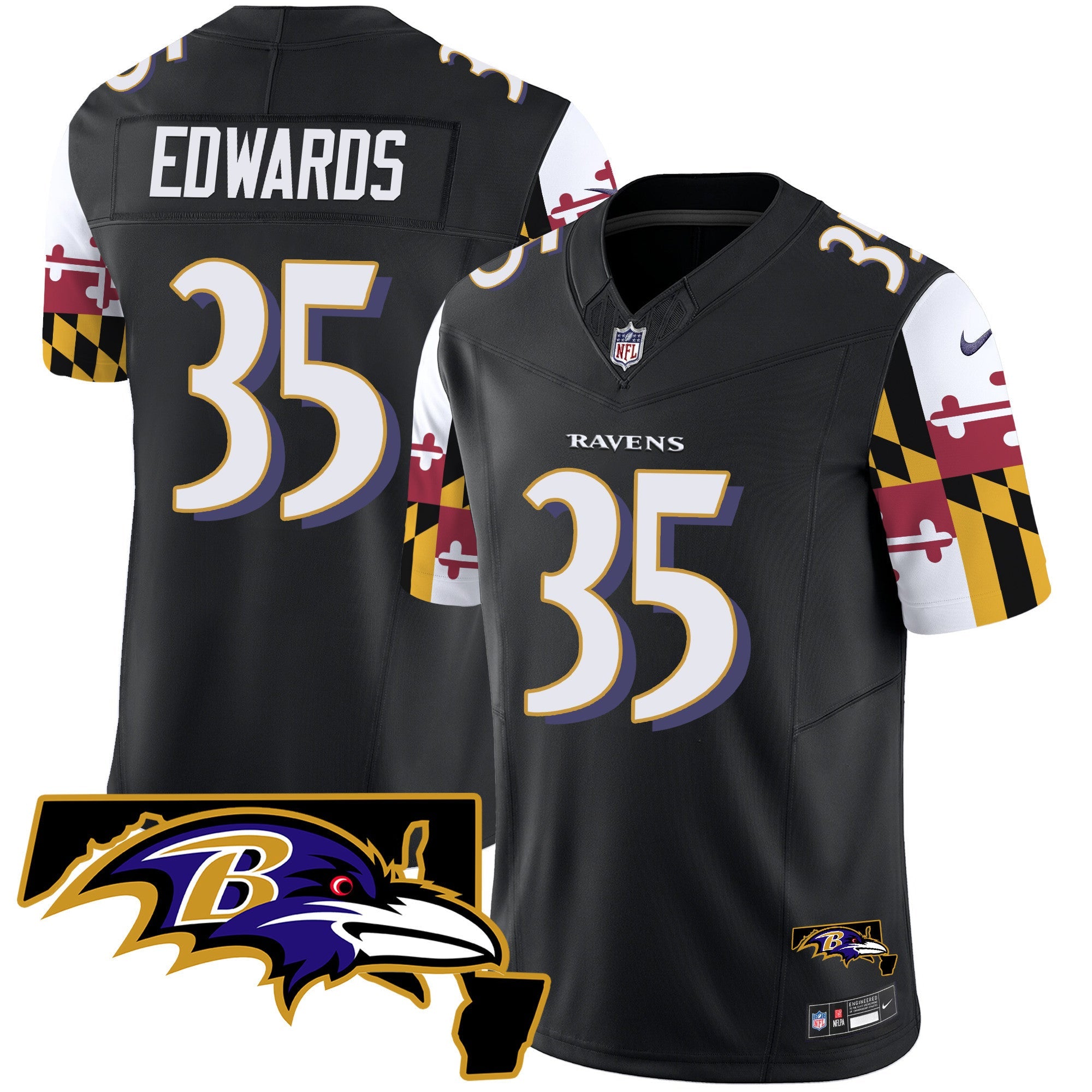 Ravens Maryland Flag Vapor Limited Jersey V2 – All Stitched – Black – Gus Edwards Jersey
