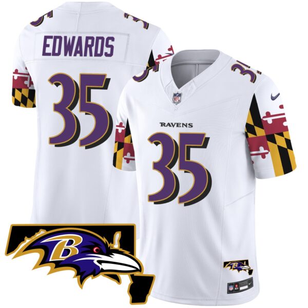 Ravens Maryland Flag Vapor Limited Jersey V2 – All Stitched – White – Gus Edwards Jersey