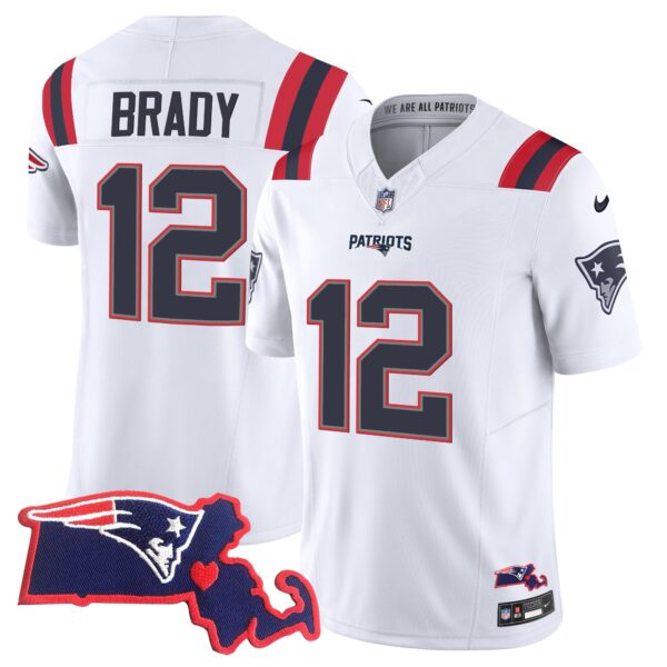 Patriots Massachusetts Patch Vapor Jersey – All Stitched – White – Tom Brady Jersey