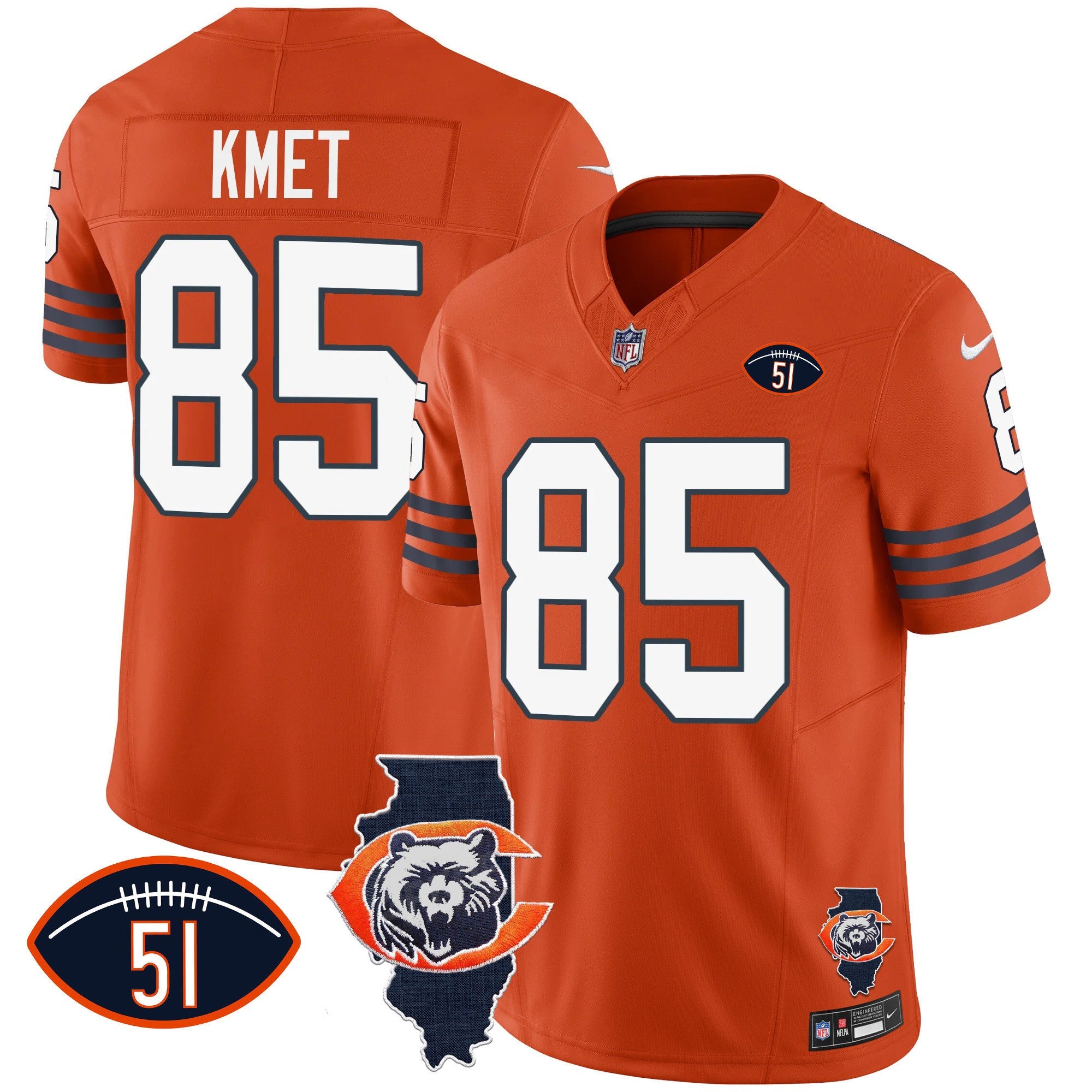 Bears Throwback Illinois Patch Vapor Jersey – All Stitched – Orange – Cole Kmet Jersey