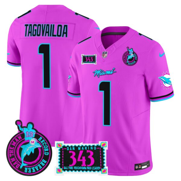 Dolphins Dan the Man Record Breaker Patch Vapor Limited Jersey – All Stitched – Pink – Tua Tagovailoa Jersey