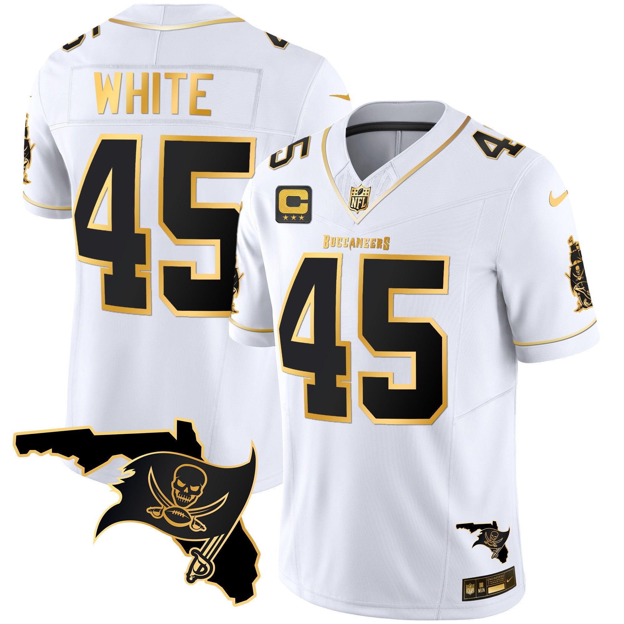 Buccaneers Florida Patch Vapor Gold Jersey – All Stitched – White Gold – Devin White Jersey