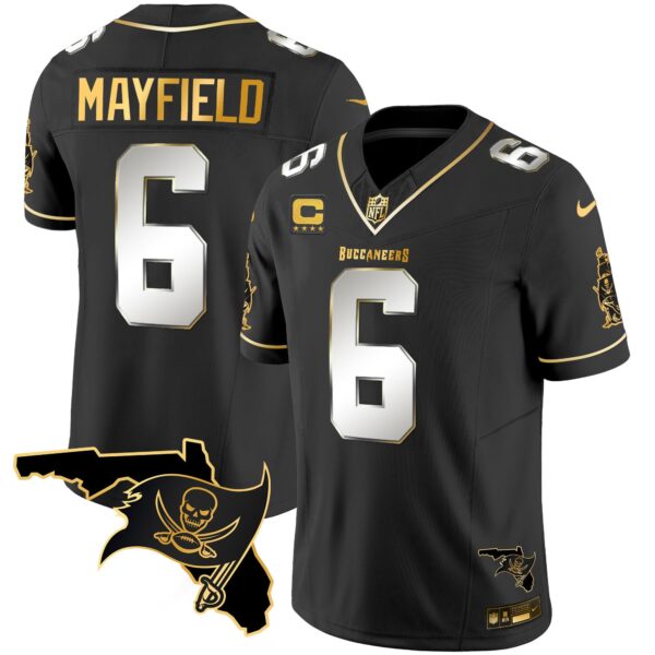 Buccaneers Florida Patch Vapor Gold Jersey – All Stitched – Black Limited – Baker Mayfield Jersey