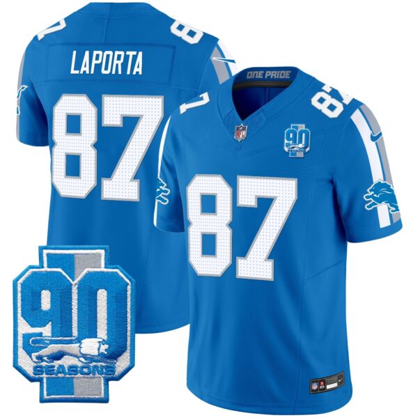 Detroit Lions 90th Year Patch Vapor Limited Jersey – All Stitched – Blue – Sam Laporta Jersey