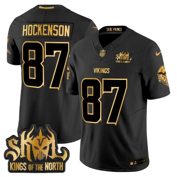 Minnesota Vikings 2024 Winter Warrior Skol Patch Gold Vapor Limited Jersey – All Stitched – Black Gold – T.J. Hockenson Jersey