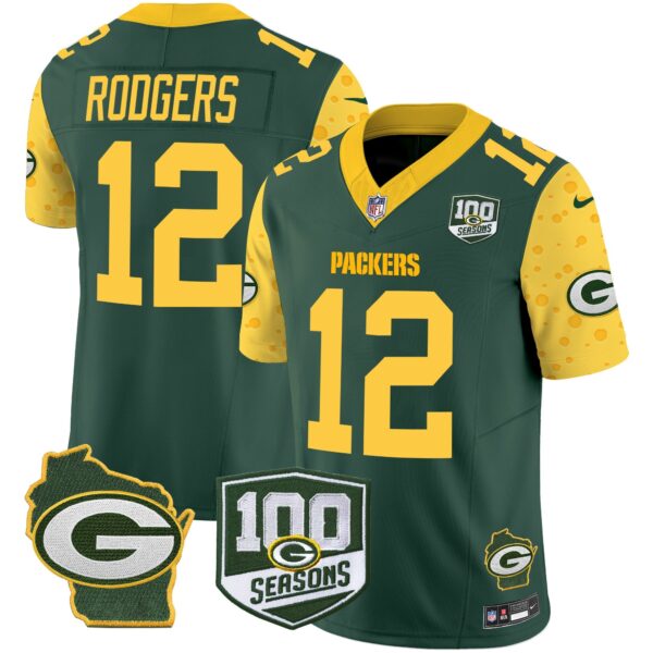 Packers 100th Season & Home Patch Cheese Vapor Limited Jersey All Stitched – Green – Aaron Rodgers Jersey