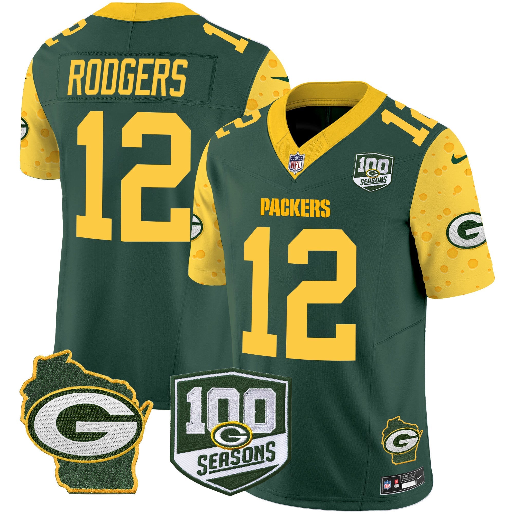 Packers 100th Season & Home Patch Cheese Vapor Limited Jersey All Stitched – Green – Aaron Rodgers Jersey