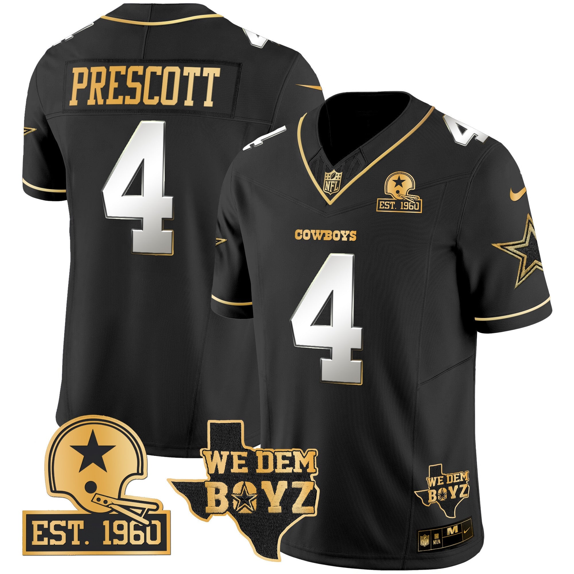 Cowboys Est. 1960 & We Dem Boyz Patch Gold Vapor Limited Jersey V2 – All Stitched – Black Limited – Dak Prescott Jersey
