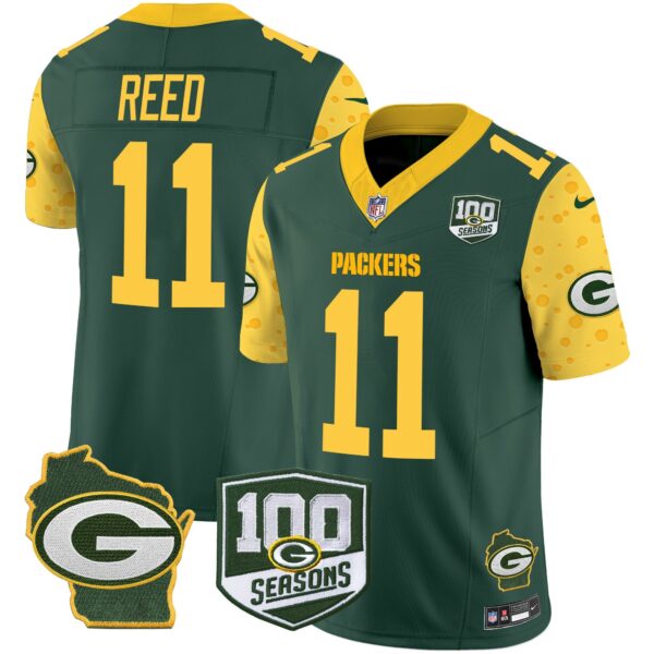 Packers 100th Season & Home Patch Cheese Vapor Limited Jersey All Stitched – Green – Jayden Reed Jersey