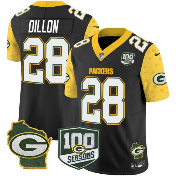 Packers 100th Season & Home Patch Cheese Vapor Limited Jersey All Stitched – Black – AJ Dillon Jersey