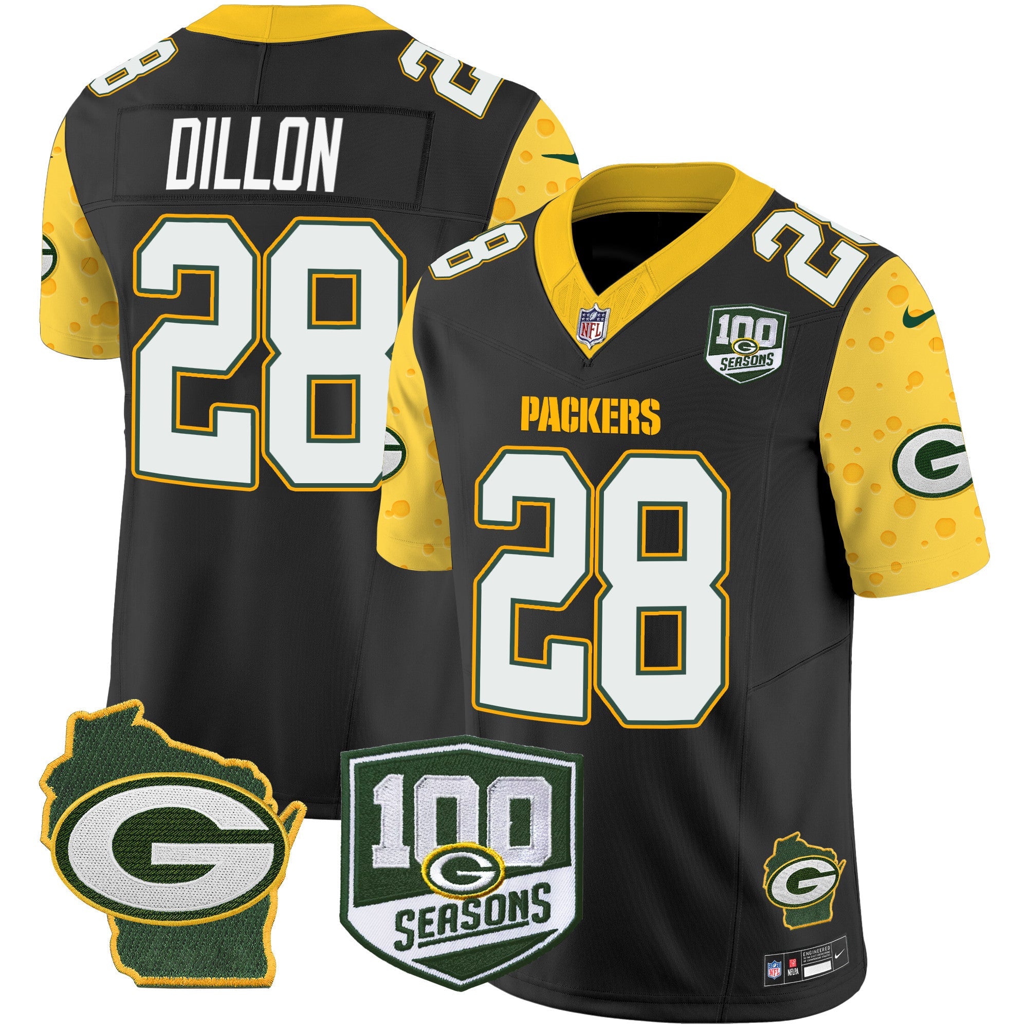 Packers 100th Season & Home Patch Cheese Vapor Limited Jersey All Stitched – Black – AJ Dillon Jersey