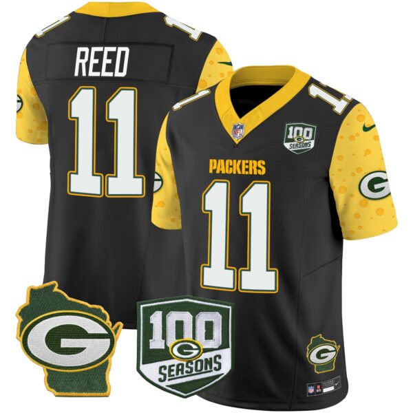 Packers 100th Season & Home Patch Cheese Vapor Limited Jersey All Stitched – Black – Jayden Reed Jersey