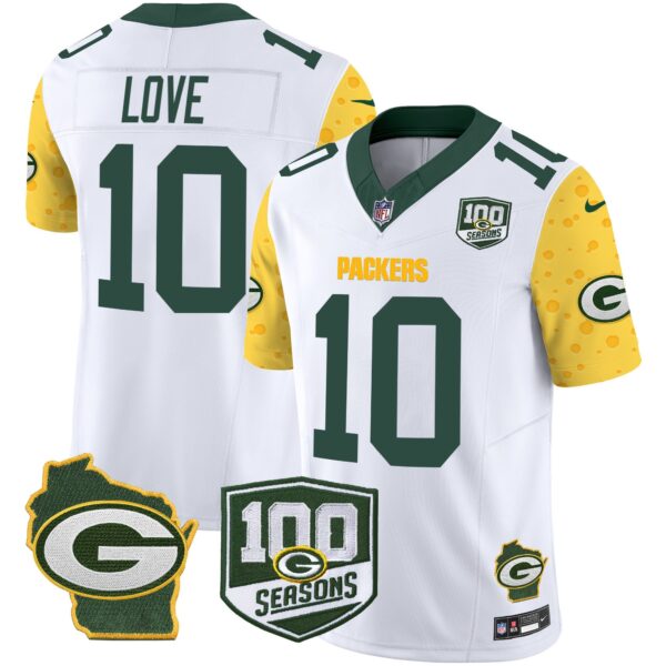Packers 100th Season & Home Patch Cheese Vapor Limited Jersey All Stitched – White – Jordan Love Jersey