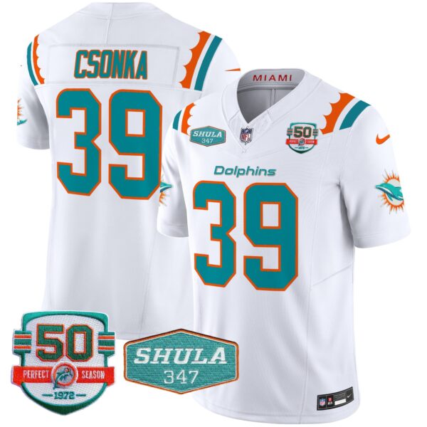 Dolphins 50th & Don Shula 347 Memorial Patch Vapor Limited Jersey – All Stitched – White – Larry Csonka Jersey