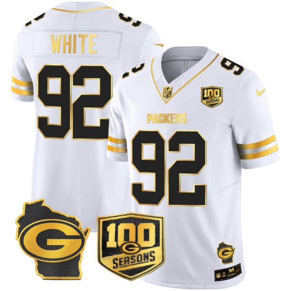 Packers 100th Season & Home Patch Gold Vapor Limited Jersey All Stitched – White Gold – Reggie White Jersey