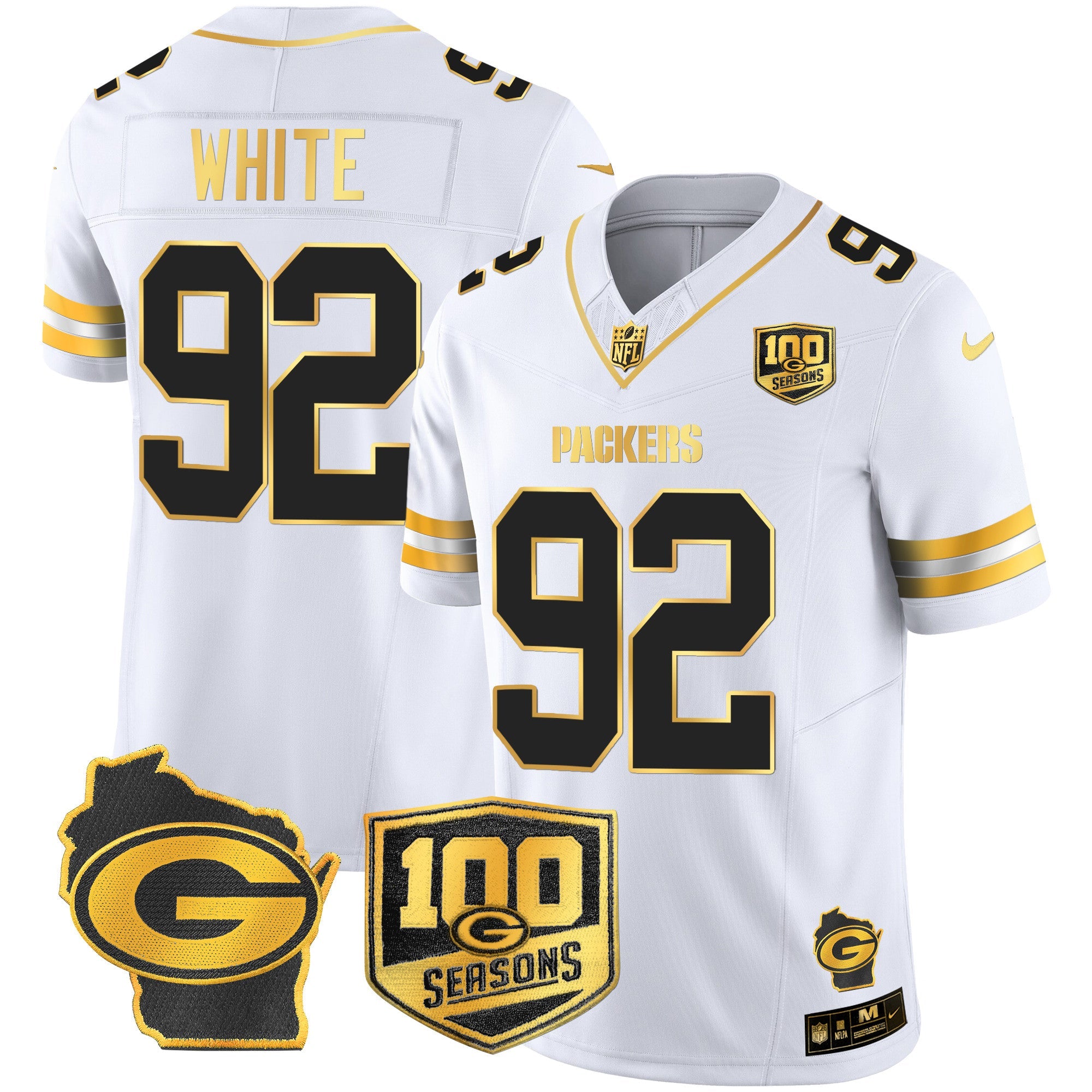 Packers 100th Season & Home Patch Gold Vapor Limited Jersey All Stitched – White Gold – Reggie White Jersey