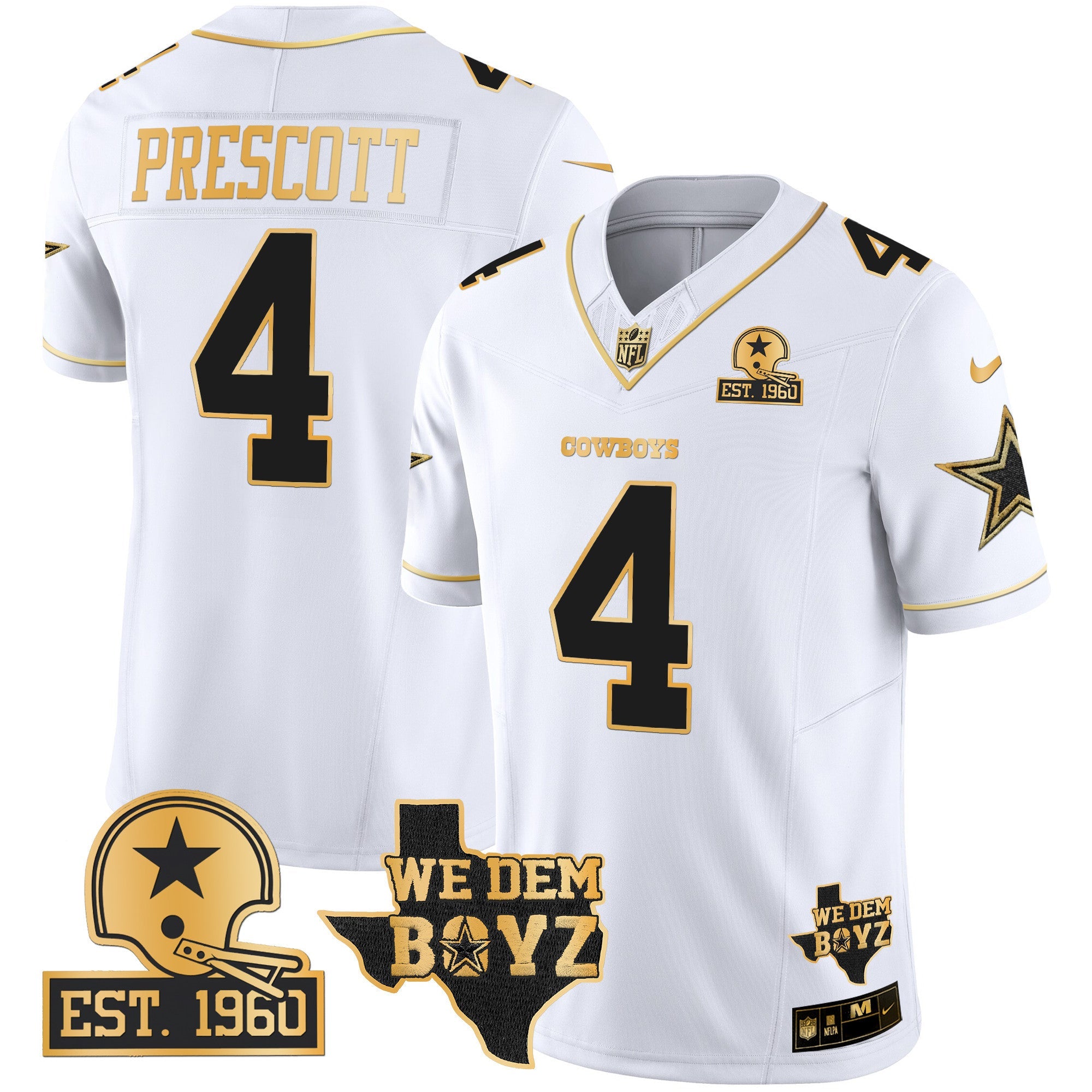 Cowboys Est. 1960 & We Dem Boyz Patch Gold Vapor Limited Jersey V2 – All Stitched – White Gold – Dak Prescott Jersey