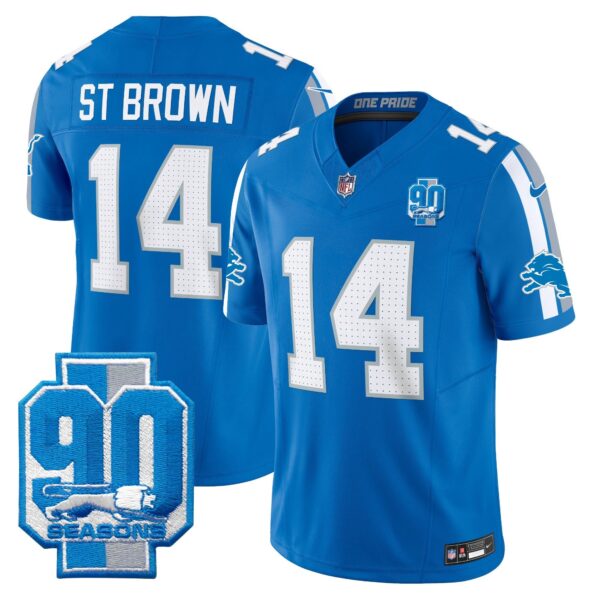 Detroit Lions 90th Year Patch Vapor Limited Jersey – All Stitched – Blue – St. Brown Jersey
