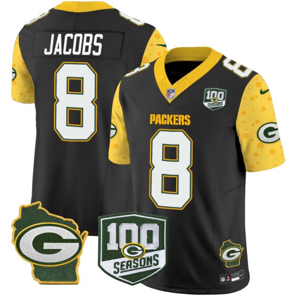Packers 100th Season & Home Patch Cheese Vapor Limited Jersey All Stitched – Black – Josh Jacobs Jersey