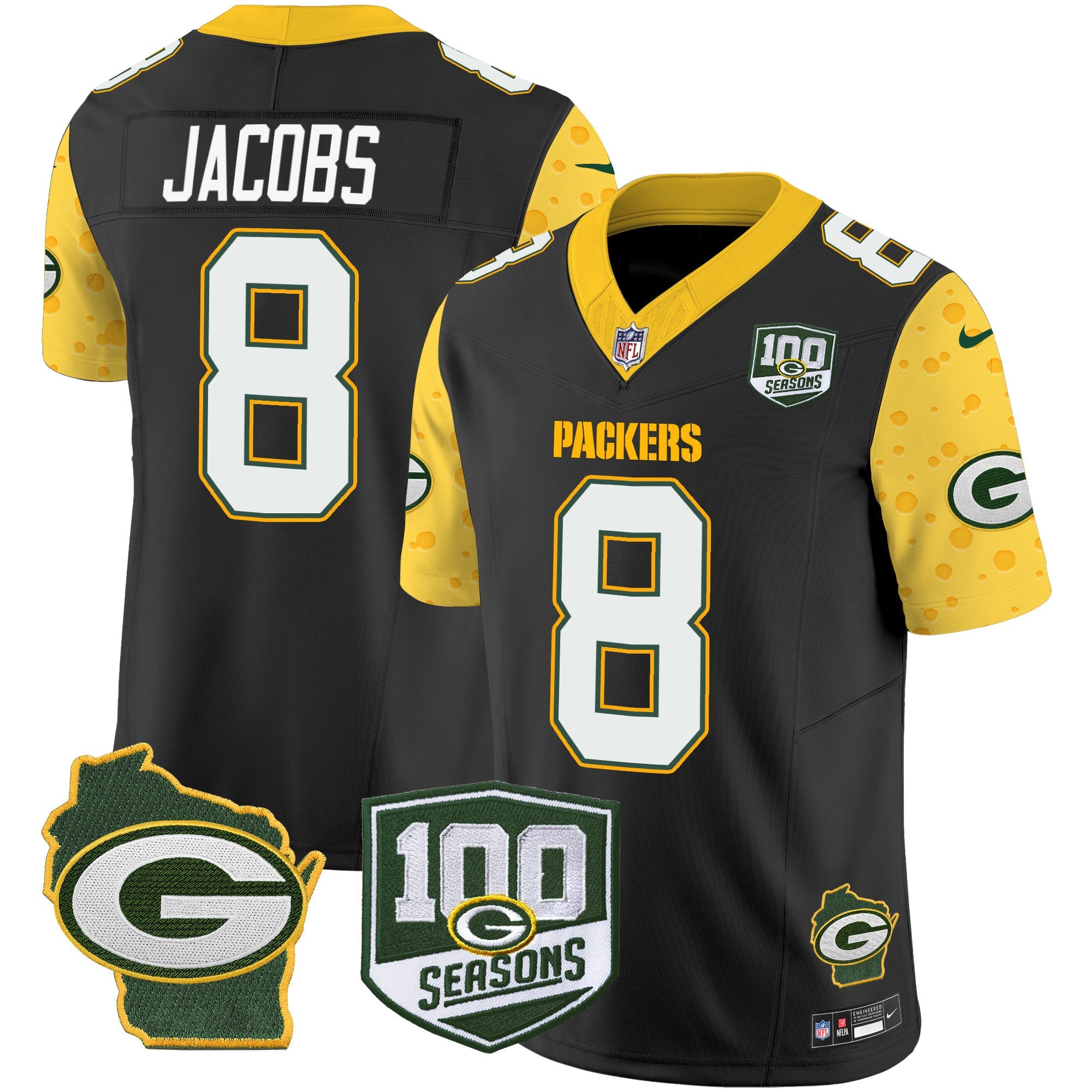 Packers 100th Season & Home Patch Cheese Vapor Limited Jersey All Stitched – Black – Josh Jacobs Jersey