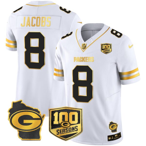 Packers 100th Season & Home Patch Gold Vapor Limited Jersey All Stitched – White Gold – Josh Jacobs Jersey