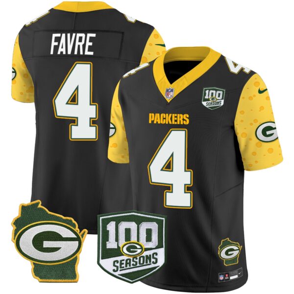 Packers 100th Season & Home Patch Cheese Vapor Limited Jersey All Stitched – Black – Brett Favre Jersey