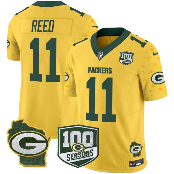 Packers 100th Season & Home Patch Cheese Vapor Limited Jersey All Stitched – Gold – Jayden Reed Jersey