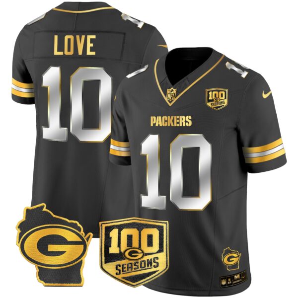 Packers 100th Season & Home Patch Gold Vapor Limited Jersey All Stitched – Black Limited – Jordan Love Jersey