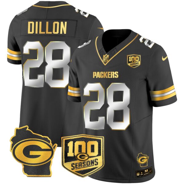 Packers 100th Season & Home Patch Gold Vapor Limited Jersey All Stitched – Black Limited – AJ Dillon Jersey