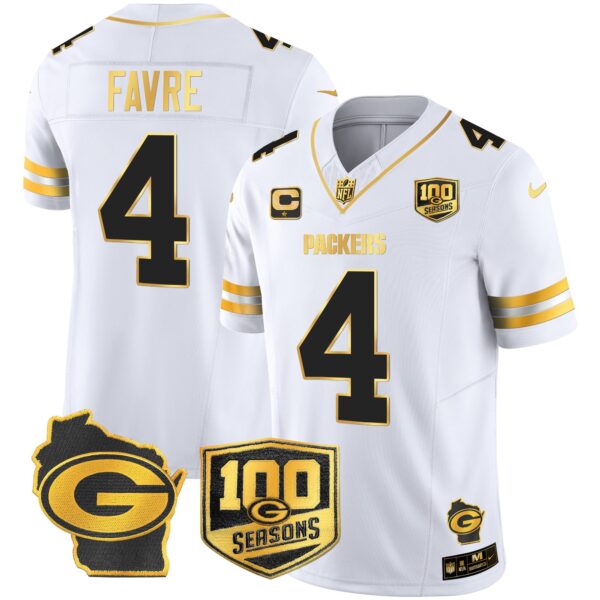 Packers 100th Season & Home Patch Gold Vapor Limited Jersey All Stitched – White Gold – Brett Favre Jersey