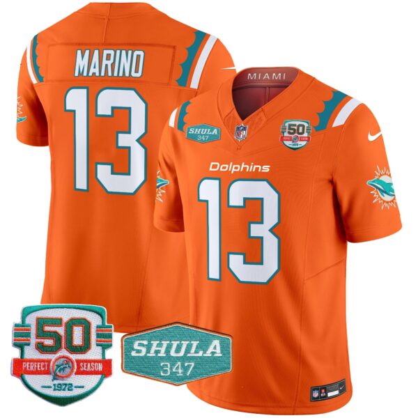 Dolphins 50th & Don Shula 347 Memorial Patch Vapor Limited Jersey – All Stitched – Orange – Dan Marino Jersey