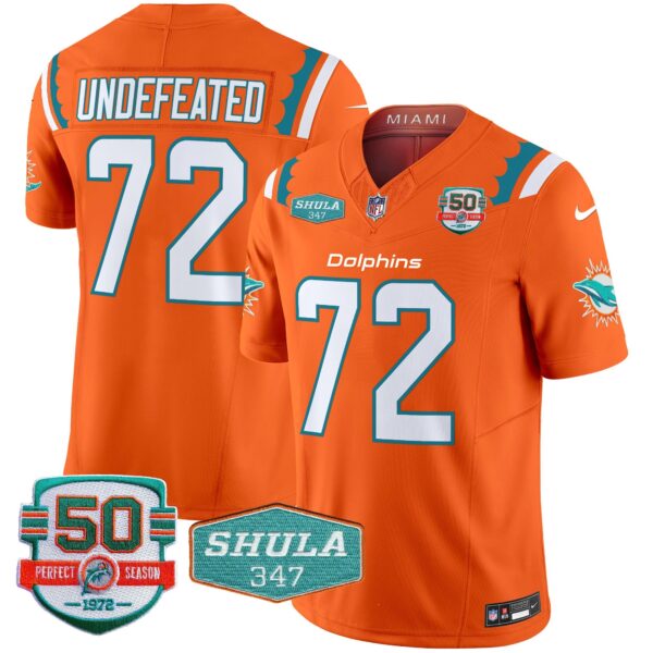 Dolphins 50th & Don Shula 347 Memorial Patch Vapor Limited Jersey – All Stitched – Orange – Undefeated Jersey