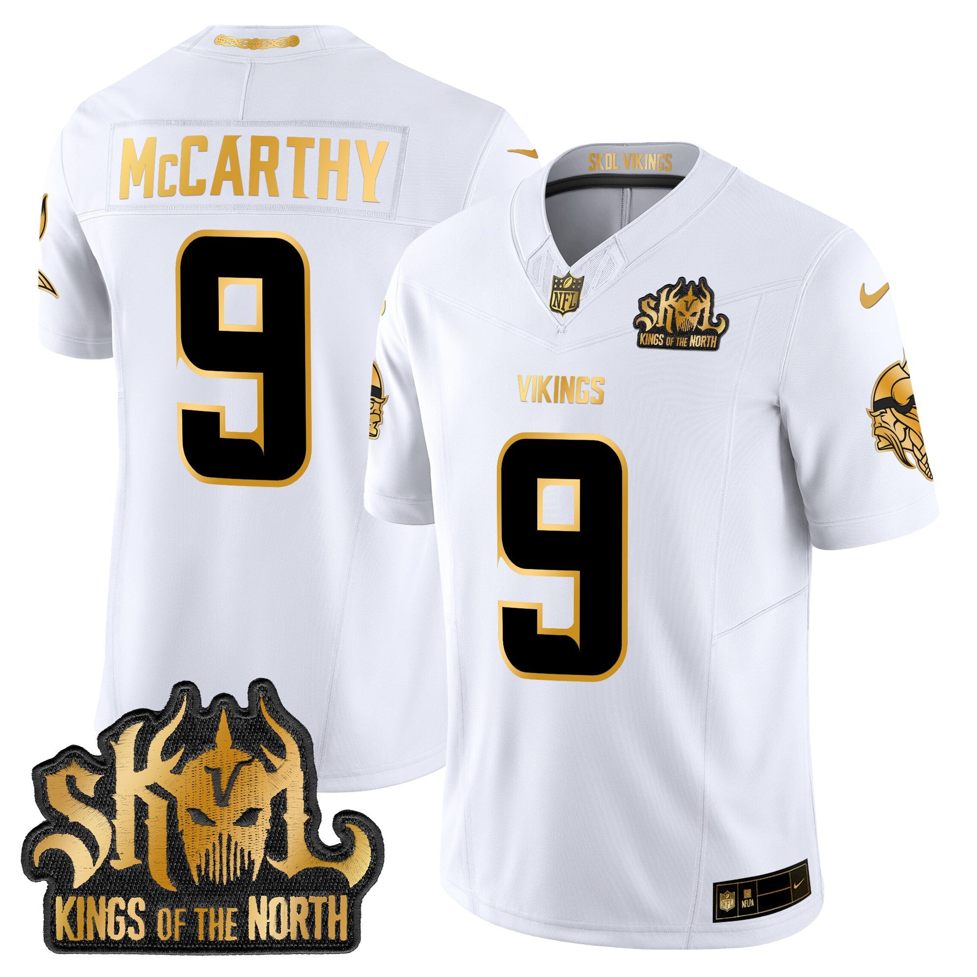 Minnesota Vikings 2024 Winter Warrior Skol Patch Gold Vapor Limited Jersey – All Stitched – White Gold – J.J. McCarthy Jersey