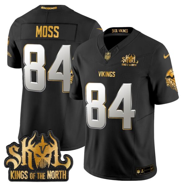 Minnesota Vikings 2024 Winter Warrior Skol Patch Gold Vapor Limited Jersey – All Stitched – Black Limited – Randy Moss Jersey