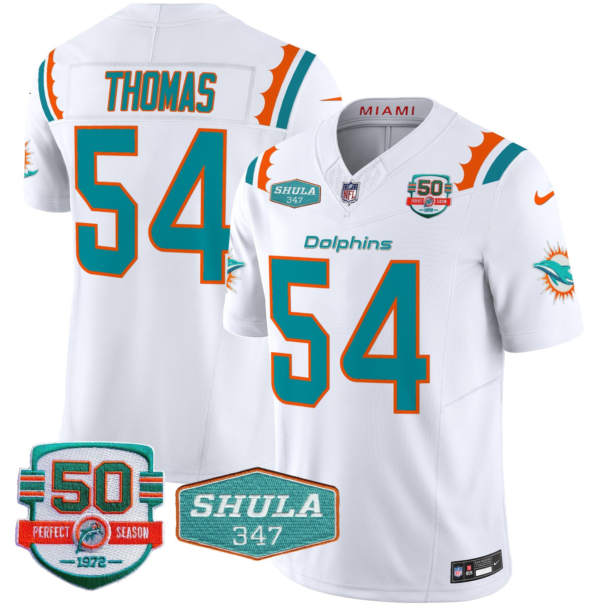 Dolphins 50th & Don Shula 347 Memorial Patch Vapor Limited Jersey – All Stitched – White – Zach Thomas Jersey