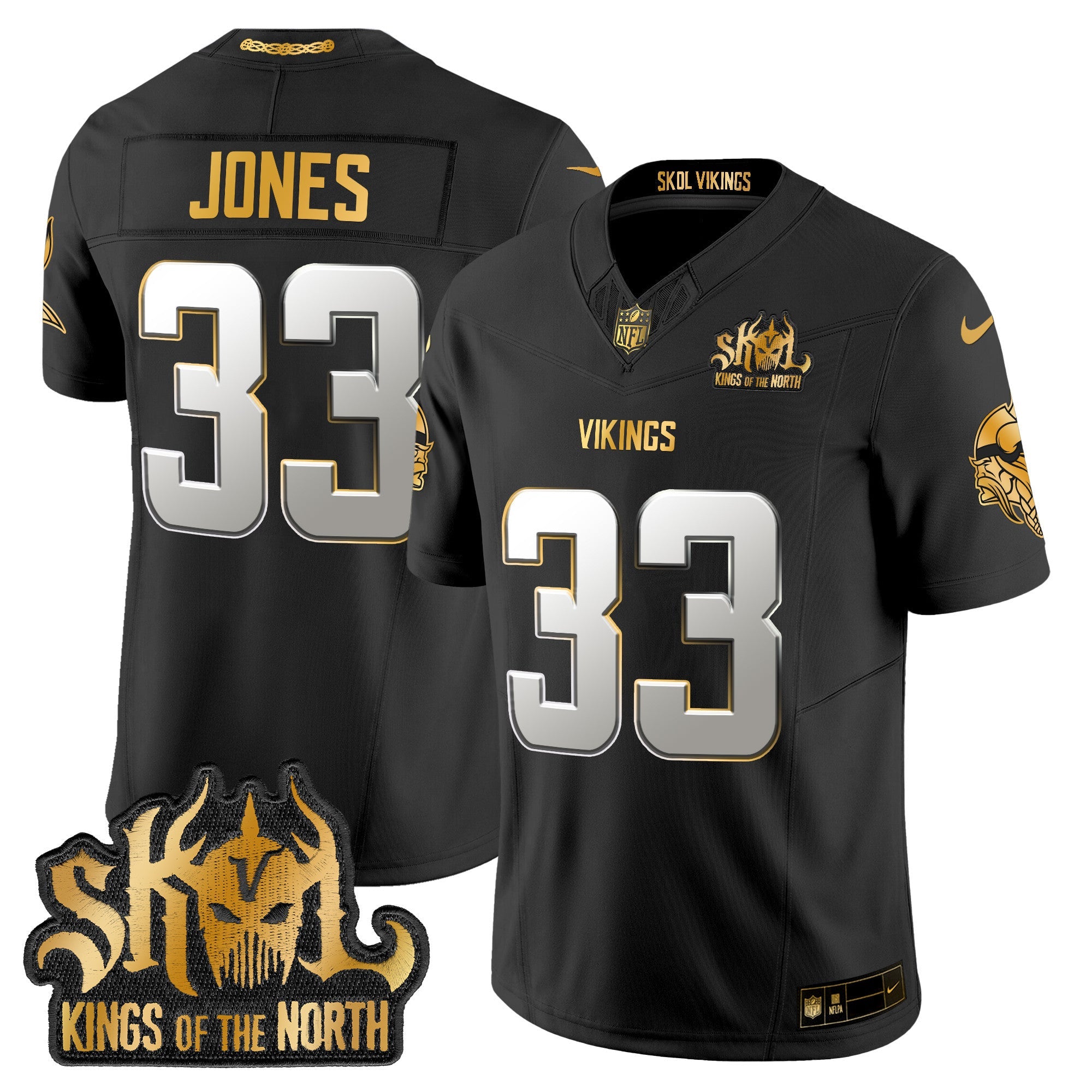 Minnesota Vikings 2024 Winter Warrior Skol Patch Gold Vapor Limited Jersey – All Stitched – Black Limited – Aaron Jones Jersey