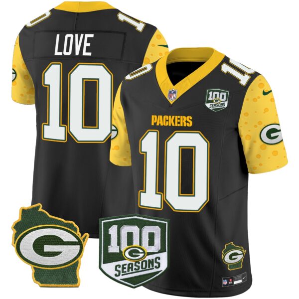 Packers 100th Season & Home Patch Cheese Vapor Limited Jersey All Stitched – Black – Jordan Love Jersey