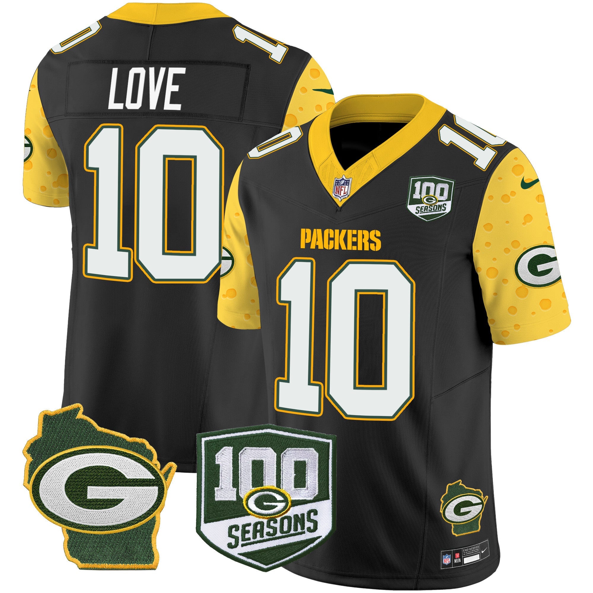 Packers 100th Season & Home Patch Cheese Vapor Limited Jersey All Stitched – Black – Jordan Love Jersey