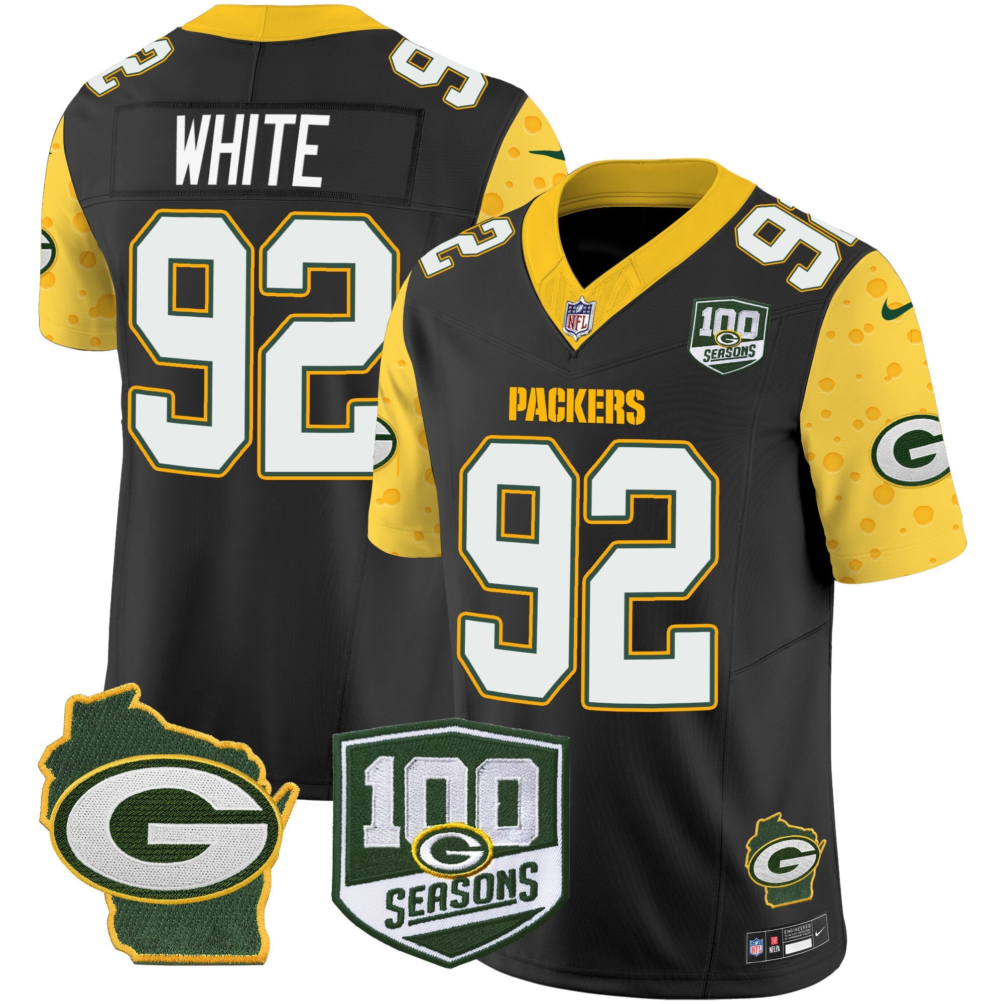 Packers 100th Season & Home Patch Cheese Vapor Limited Jersey All Stitched – Black – Reggie White Jersey