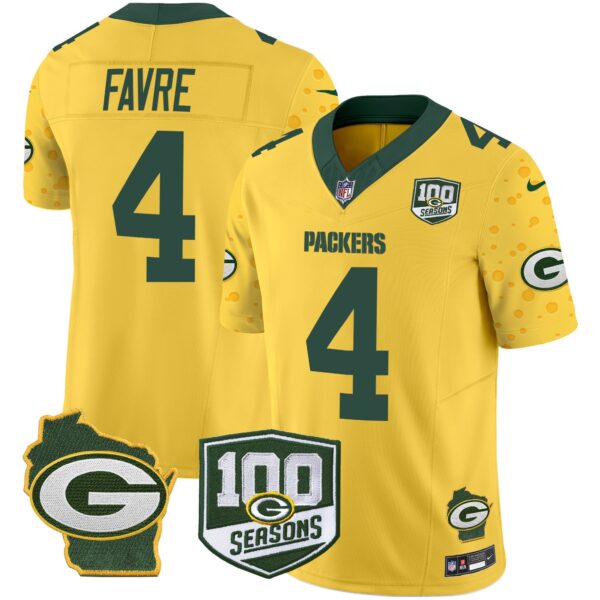 Packers 100th Season & Home Patch Cheese Vapor Limited Jersey All Stitched – Gold – Brett Favre Jersey