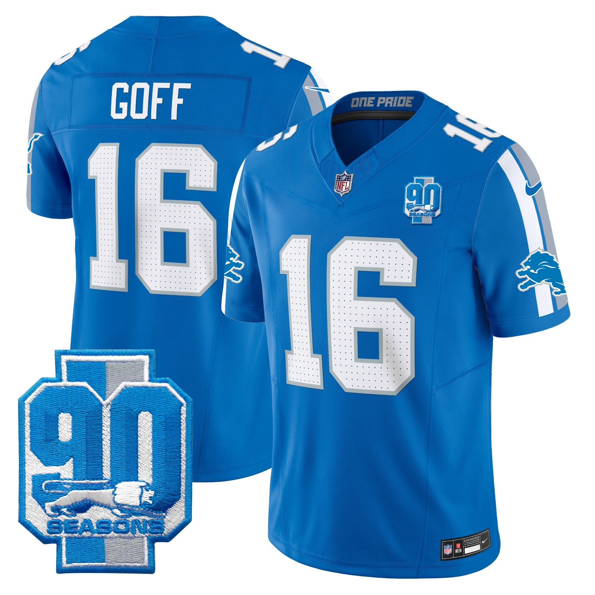 Detroit Lions 90th Year Patch Vapor Limited Jersey – All Stitched – Blue – Jared Goff Jersey